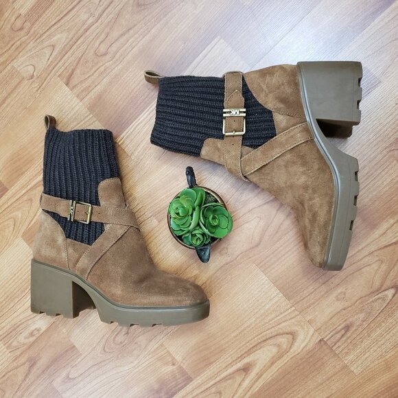 Michael Kors Shoes - Michael Kors KEISHA Sock Booties Harness Boots Brown Suede Chunky Heel Sz 8